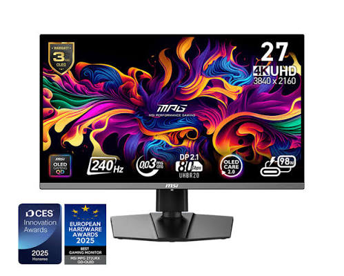 Écran MSI MPG 272URX QD-OLED 27 pouces 4K 240 Hz affichant une image gaming HDR